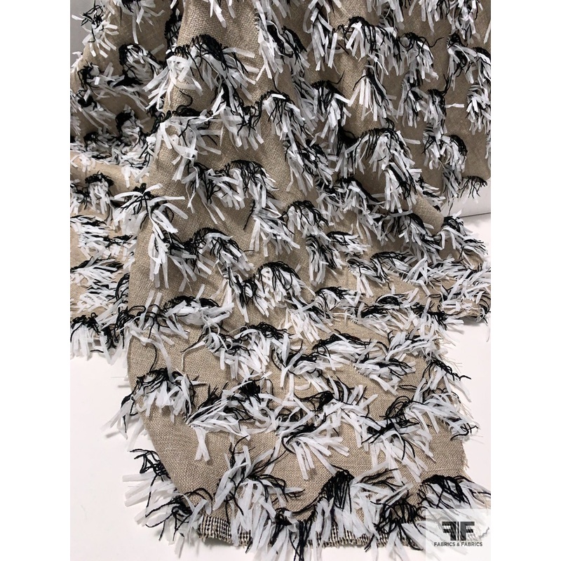 Italian Cotton-Linen with Long Fringe – Oatmeal / Black / White Fabric by the Yard