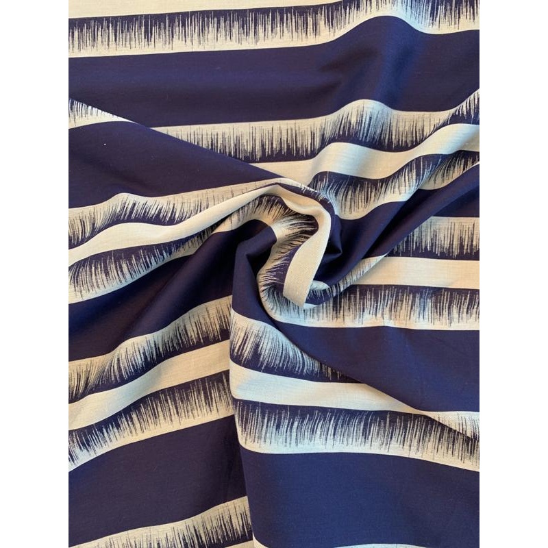 Italian Horizontal Linear Design Yarn-Dyed Cotton Suiting – Navy / Grey Fabric by the Yard
