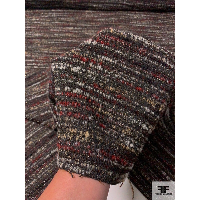 Italian Wool Boucle Couture Tweed Suiting with Lurex – Dark Chocolate / Burgundy / Grey / Black Fabric by the Yard
