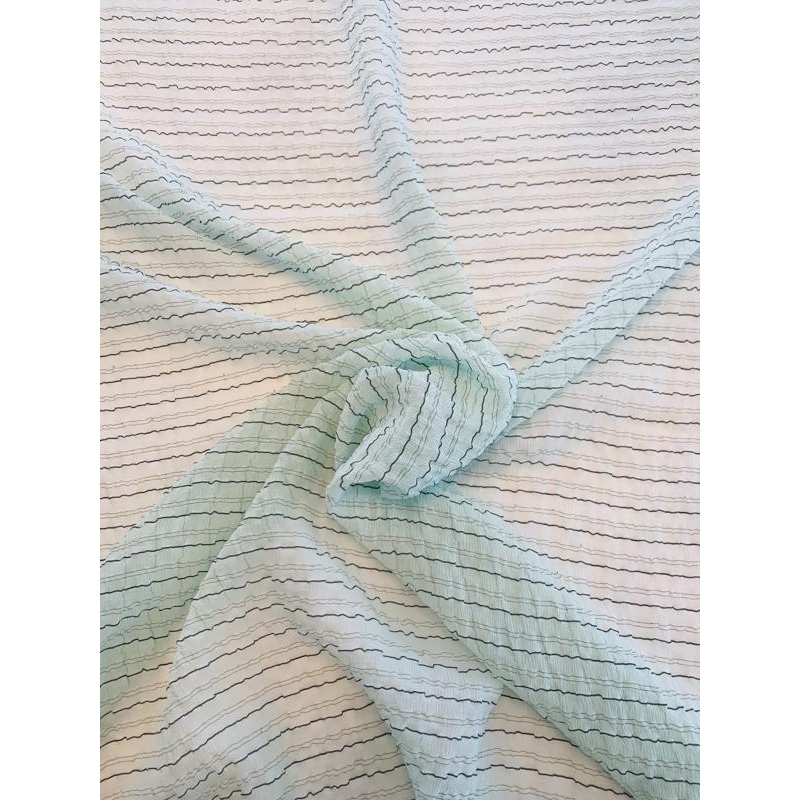 J Mendel Italian Ruched Textured Striped Silk Chiffon – Mint / Black Fabric by the Yard