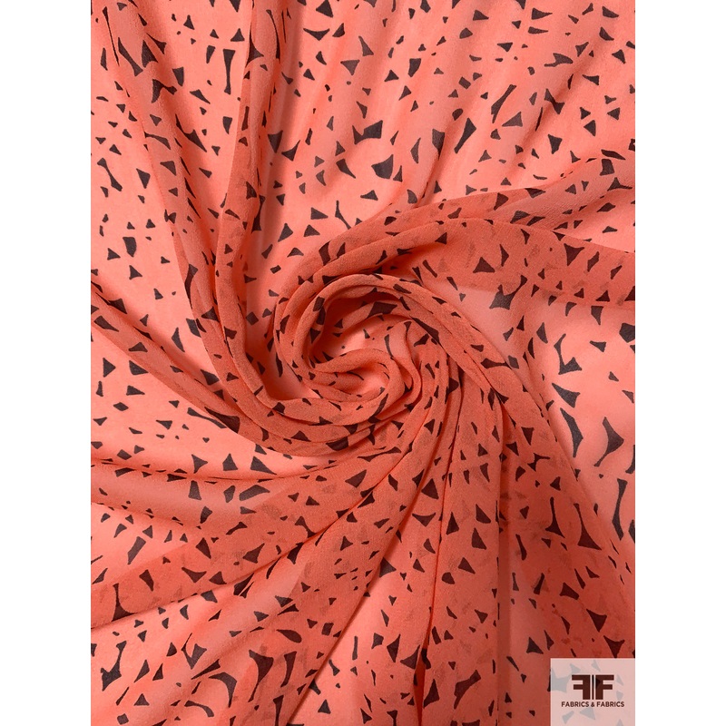 J Mendel Leaf Branch Silhouette Printed Silk Chiffon – Coral / Eggplant Fabric by the Yard