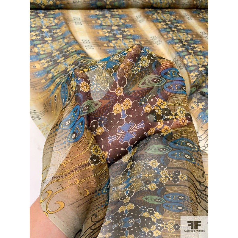 Multi Culture Inspired Printed Silk Chiffon – Autumn Earth / Turquoise / Greens Fabric by the Yard