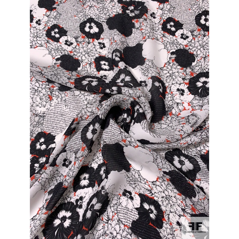 Prabal Gurung Floral and Script Writing Collage Printed Silk Georgette – Black / White / Hot Orange-Red Fabric by the Yard