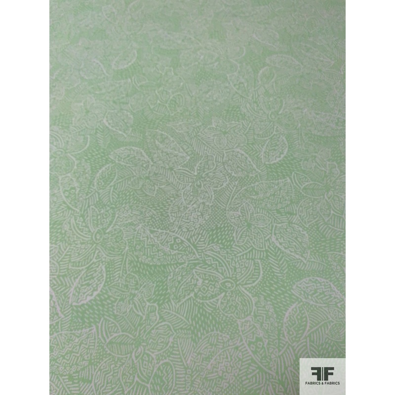 Tropical Leaf Printed Polyester Crepe de Chine – Mint / White Fabric by the Yard