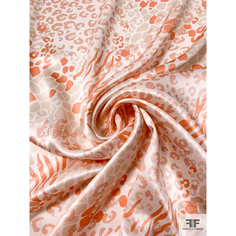 Wavy Animal Pattern Collage Printed Silk Charmeuse – Orange / Peach / Beige / Light Ivory Fabric by the Yard