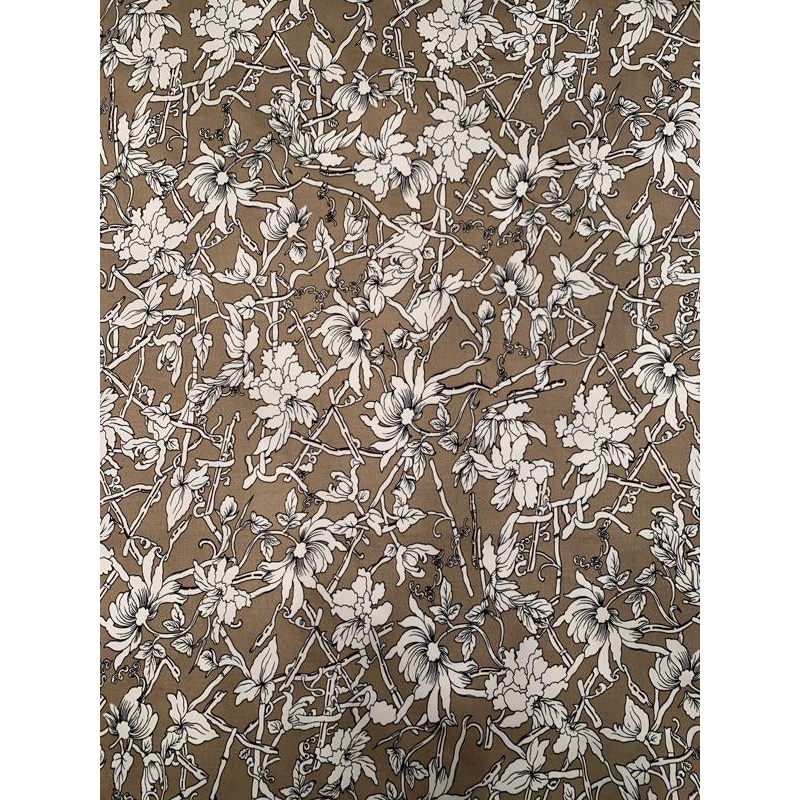 Whimsical Floral Printed Stretch Cotton – Taupe / White / Black Fabric by the Yard