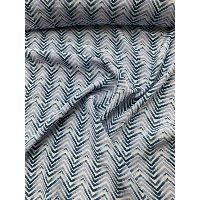 Chevron Printed Silk Crepe de Chine – Blue / Grey Fabric by the Yard