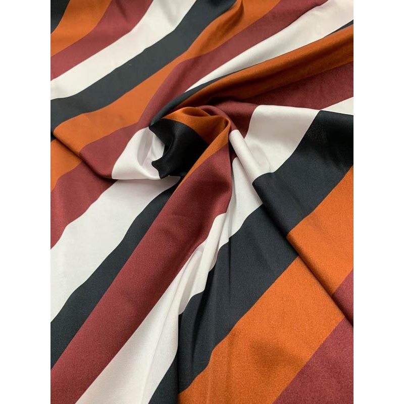 Diagonal Striped Stretch Printed Silk Charmeuse – Brown / White / Black Fabric by the Yard