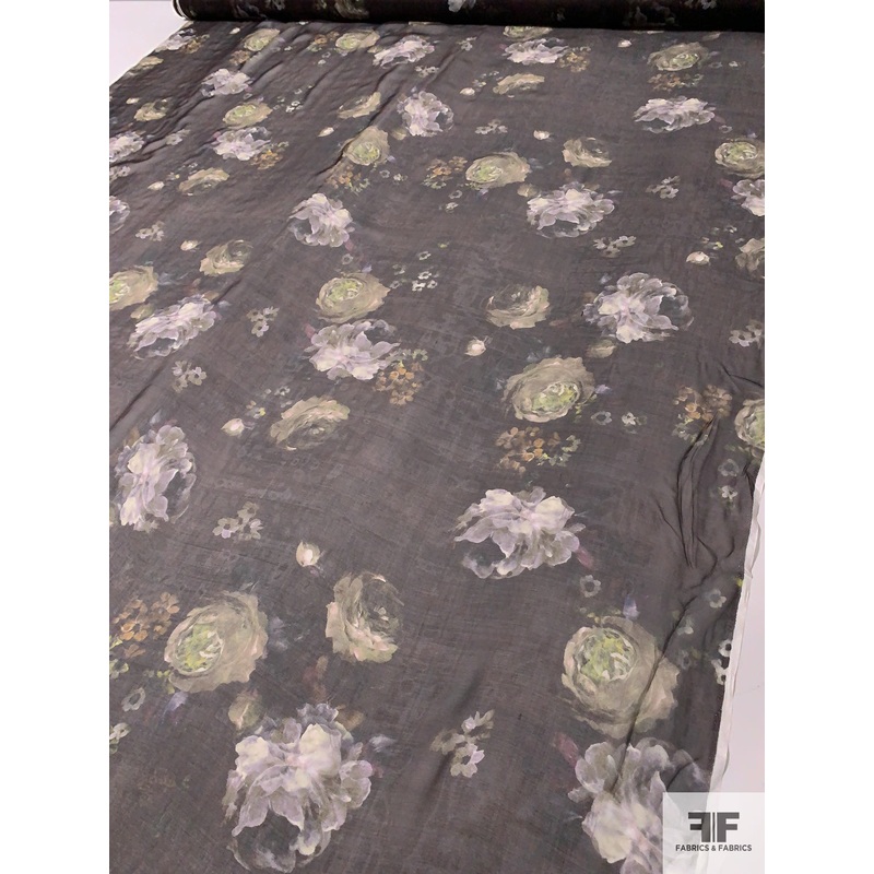 Dreamy Floral Printed Fine Silk Chiffon – Midnight Brown / Subtle Green / Grey Fabric by the Yard