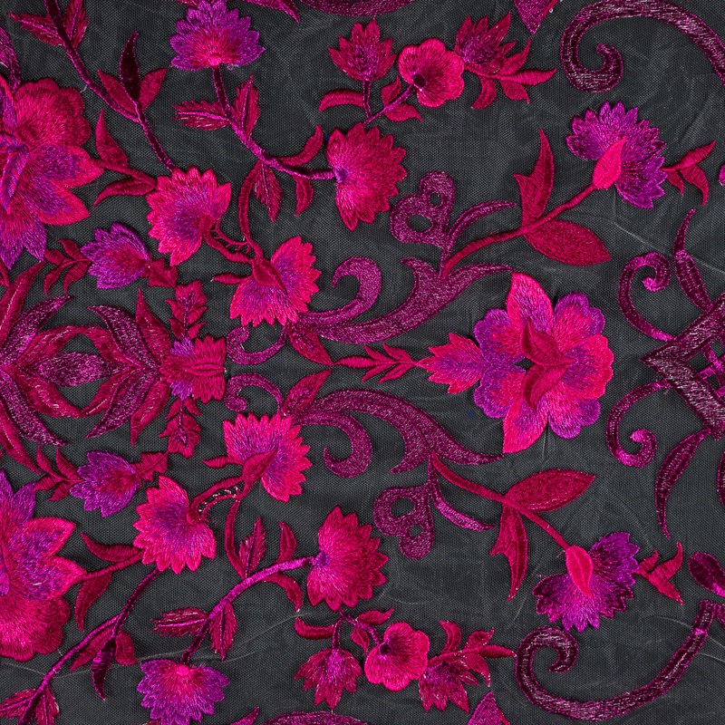 Embroidered Tulle Panel – Metallic Fuchsia Floral