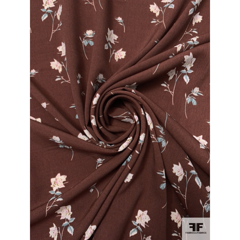 Feminine Floral Stems Printed Polyester Peachskin – Cinnamon Brown / Dusty Turquoise / Off-White / Pink Fabric by the Yard