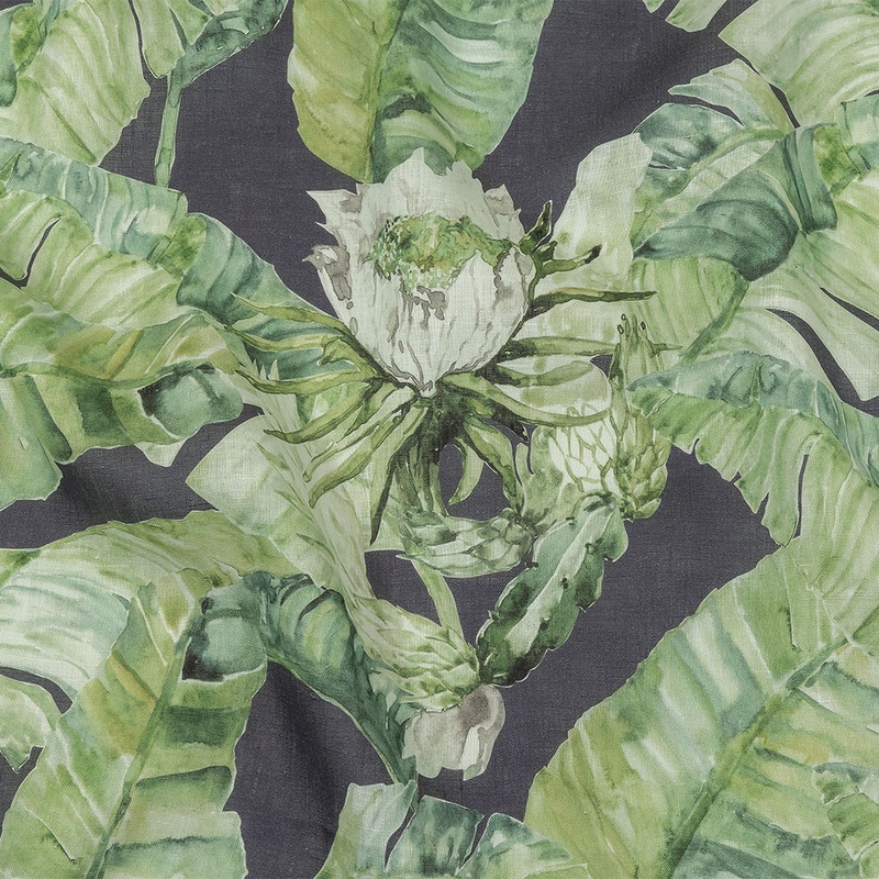Green and Navy Succulent Leaves Medium Weight Linen Woven