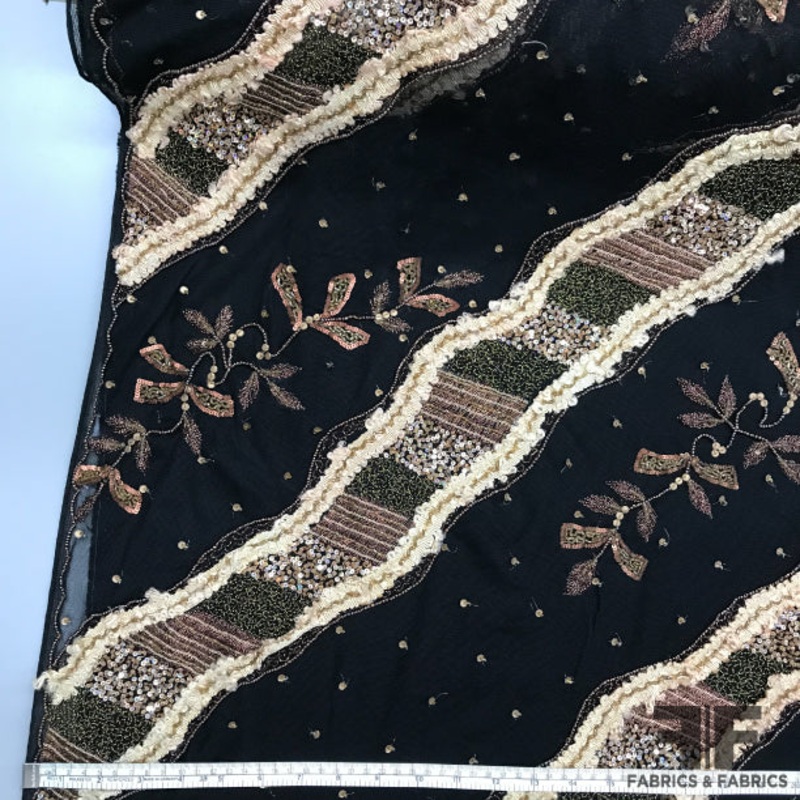 Hand-Beaded & Embroidered Tulle – Black/Beige Fabric by the Yard