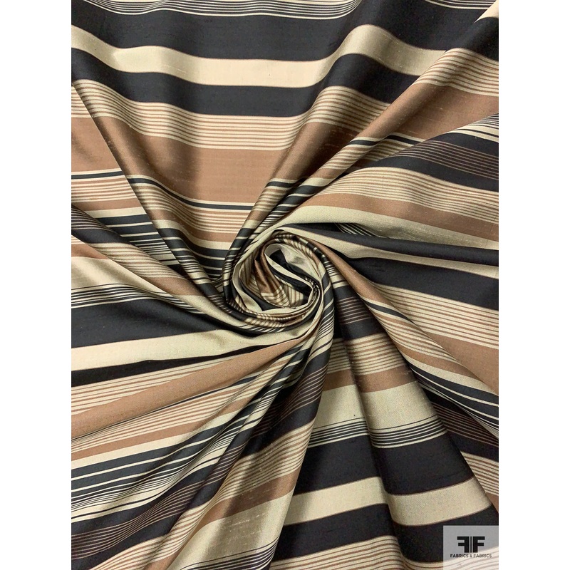 Horizontal Striped Yarn-Dyed Silk Shantung – Brown / Black / Shaker Beige Fabric by the Yard
