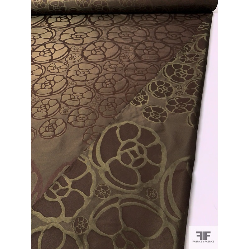 Italian Floral Jacquard Polyester Taffeta – Brown / Olive Green Fabric by the Yard