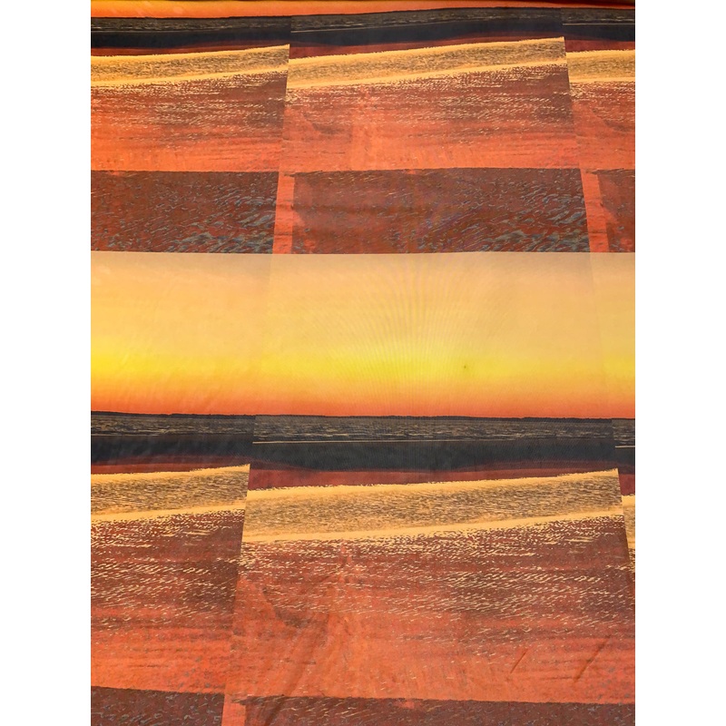 Italian Ocean at Dusk Printed Stretch Mesh Panel – Oranges / Marigold / Moss Green Fabric by the Panel