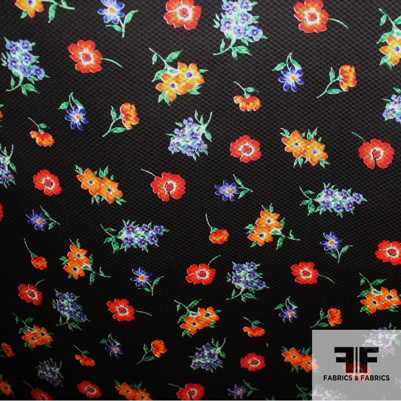 Multicolor Floral Bouquet Printed Cotton Pique – Black Fabric by the Yard