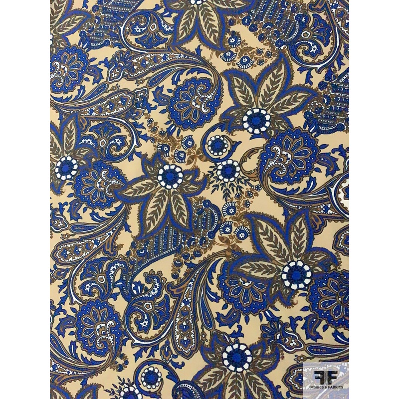 Paisley Printed Cotton Lawn – Royal Blue / Tan / Light Brown Fabric by the Yard
