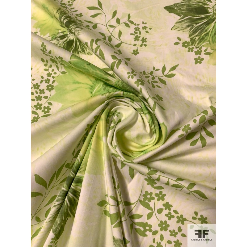 Spring Air Floral Printed Stretch Cotton Sateen – Shades of Green / Lime / Off-White Fabric by the Yard