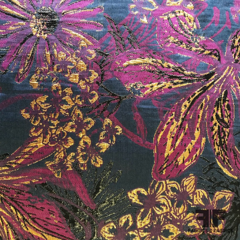 Tropical Multi Floral Metallic Brocade – Purple/Gold/Blue Fabric by the Yard