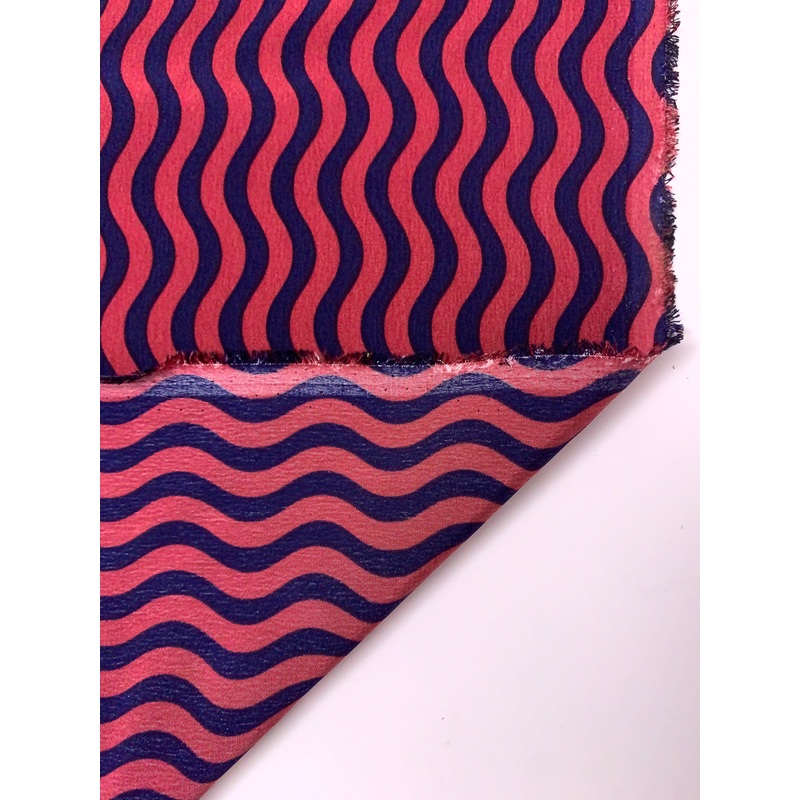 Wavy Vertical Lines Printed Silk Crepe de Chine – Navy / Dusty Rouge Fabric by the Yard