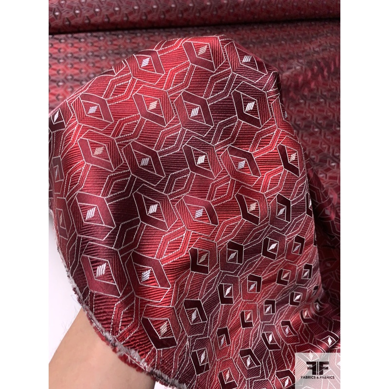 Box-Look Geometric Silk Necktie Jacquard Brocade – Red / Grey Fabric by the Yard