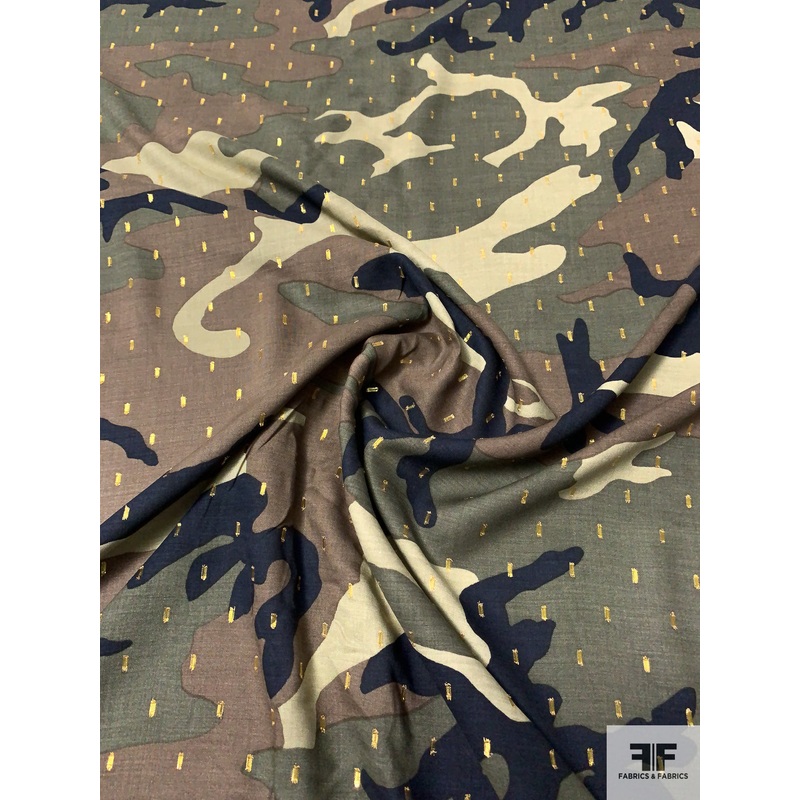 Camouflage Printed Rayon Challis with Lurex Clips – Army Greens / Black / Brown Fabric by the Yard