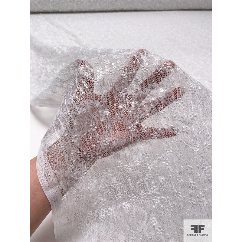 Embroidered Novelty Lace with Sequins – White Fabric by the Yard