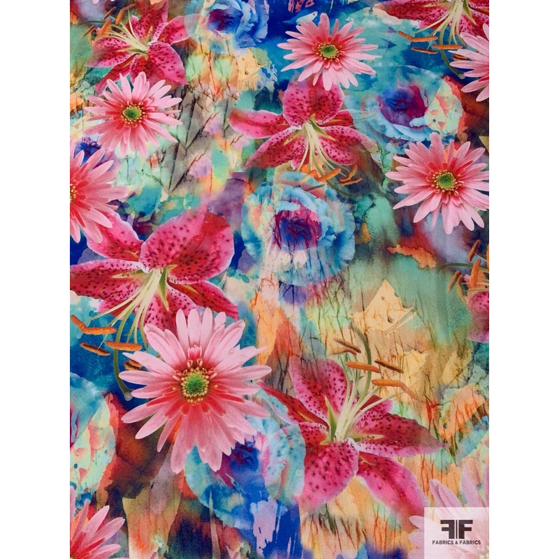 Famous NYC Designer Floral Printed Polyester Crepe – Pinks / Blues / Multicolor Fabric by the Yard