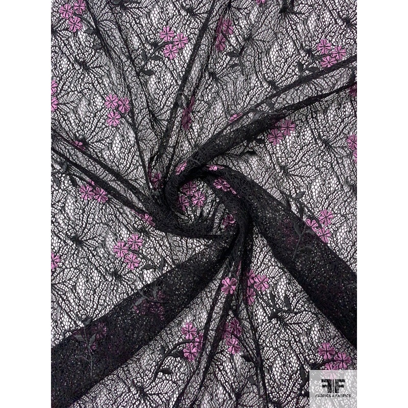 Floral Embroidered Corded Lace – Black / Orchid Fabric by the Yard