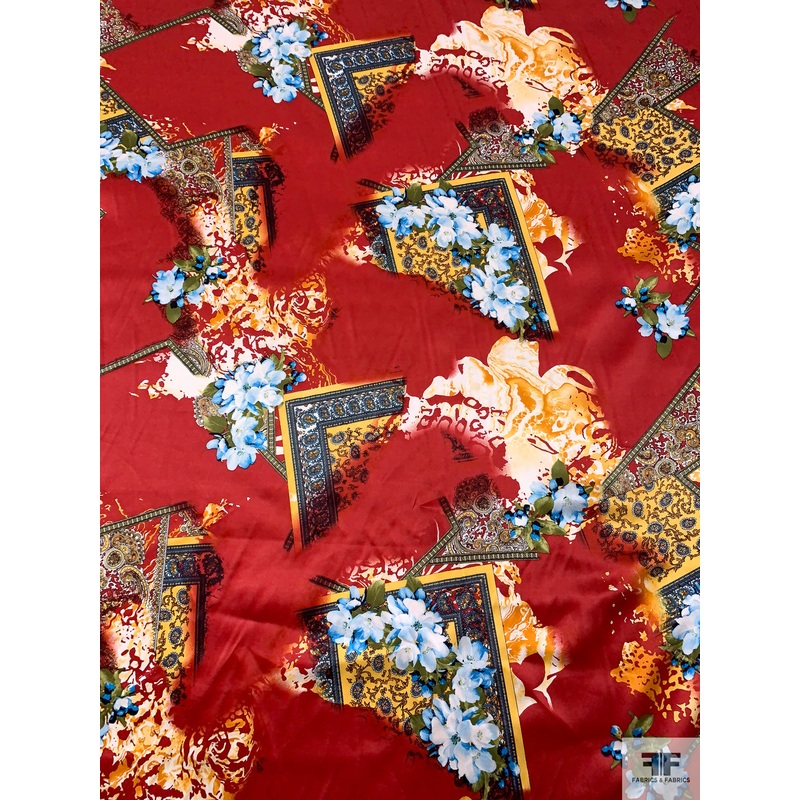Floral Paisley Collage Printed Silk Charmeuse – Persian Red / Azure Blue / Pickel Green / Yellow Fabric by the Yard