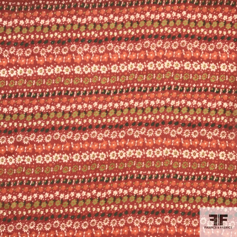 Floral Striped Crinkle Chiffon – Red Fabric by the Yard