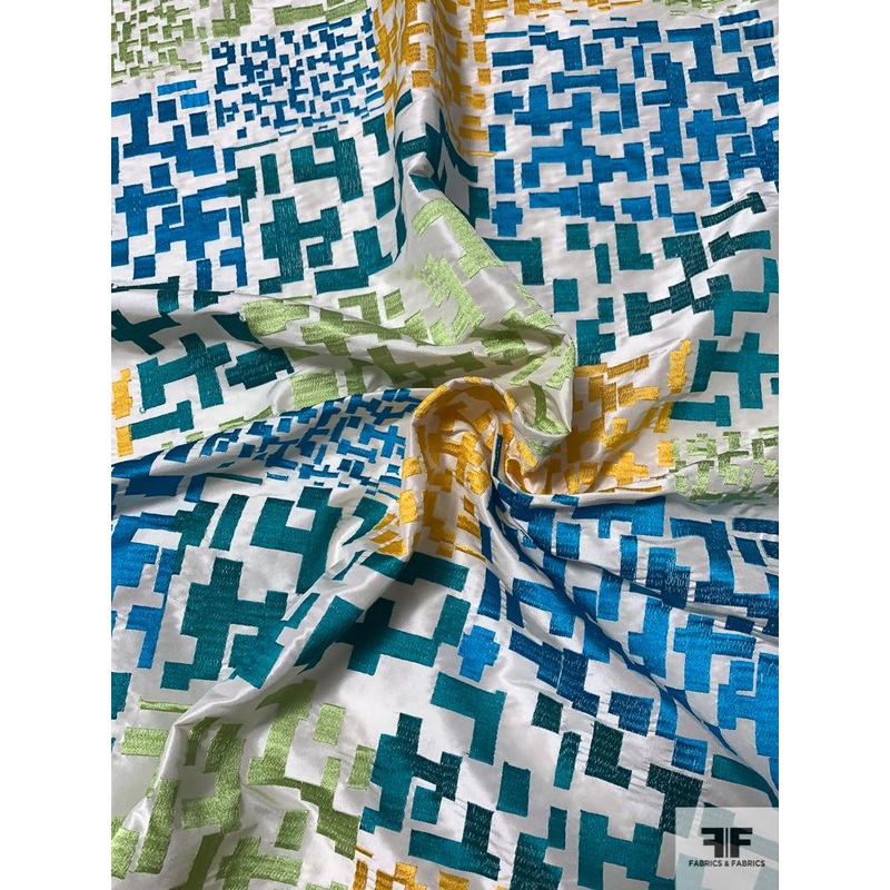 Italian Geometric Matrix Embroidered Silk Taffeta – Teal / Lime / Yellow / Ivory Fabric by the Yard