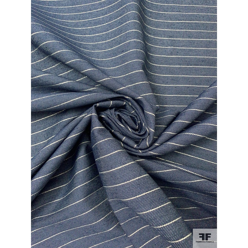 Italian Horizontal Lurex Striped Luxe Denim – Navy / Light Gold / Off-White Fabric by the Yard