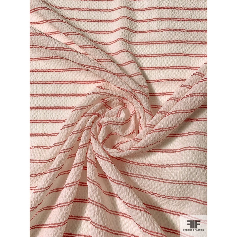 Italian Horizontal Striped Puckered Cotton Shirting – Ivory / Red Fabric by the Yard
