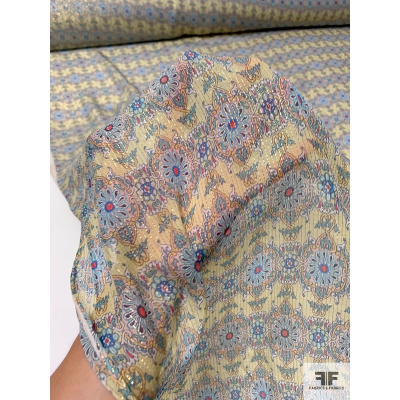 Ornate Medallion Printed Silk Chiffon with Gold Lurex Pinstripes – Yellow / Turquoise / Aquamarine Fabric by the Yard