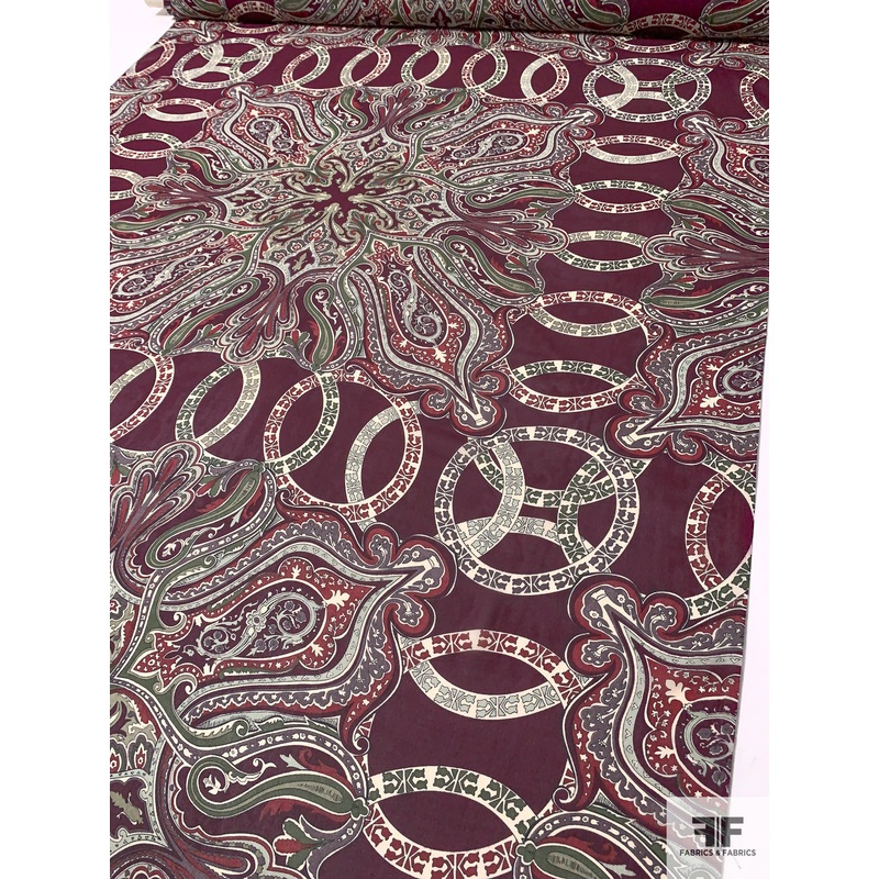 Paisley Ringed Frames Printed Silk Chiffon – Grape Purple / Sage Greens / Dusty Rouge Fabric by the Yard
