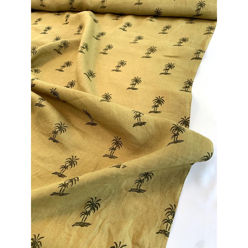 Palm Tree Printed Linen – Lt Olive / Hunter Green Fabric by the Yard