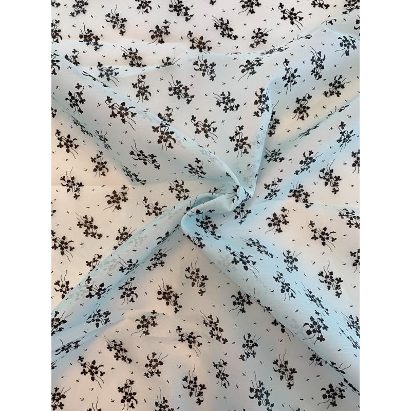 Ralph Lauren Delicate Floral Laminated Print Silk and Cotton Organdy – Baby Blue / Black Fabric by the Yard