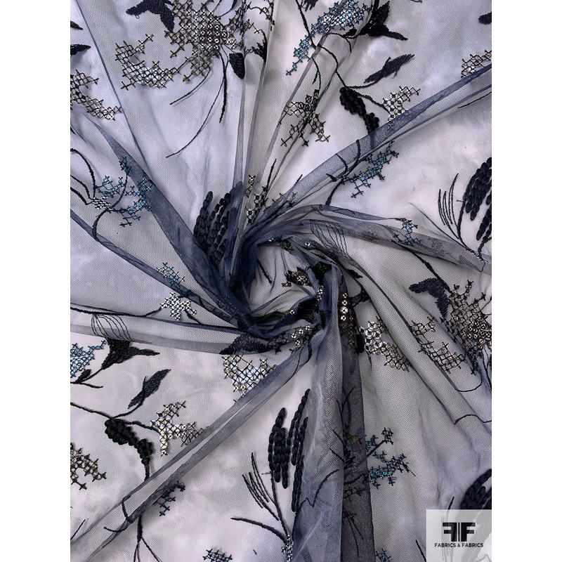 Smoky Tie-Dye Printed Tulle with Floral Embroidery and Sequins – Dusty Blue / Black / Turquoise / Antique Gold Fabric by the Yard
