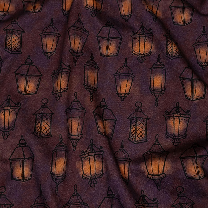 Stretch Cotton Sateen – Purple Lanterns – By Lantern Light Print – Mood Exclusive Jack-O-Lantern Collection