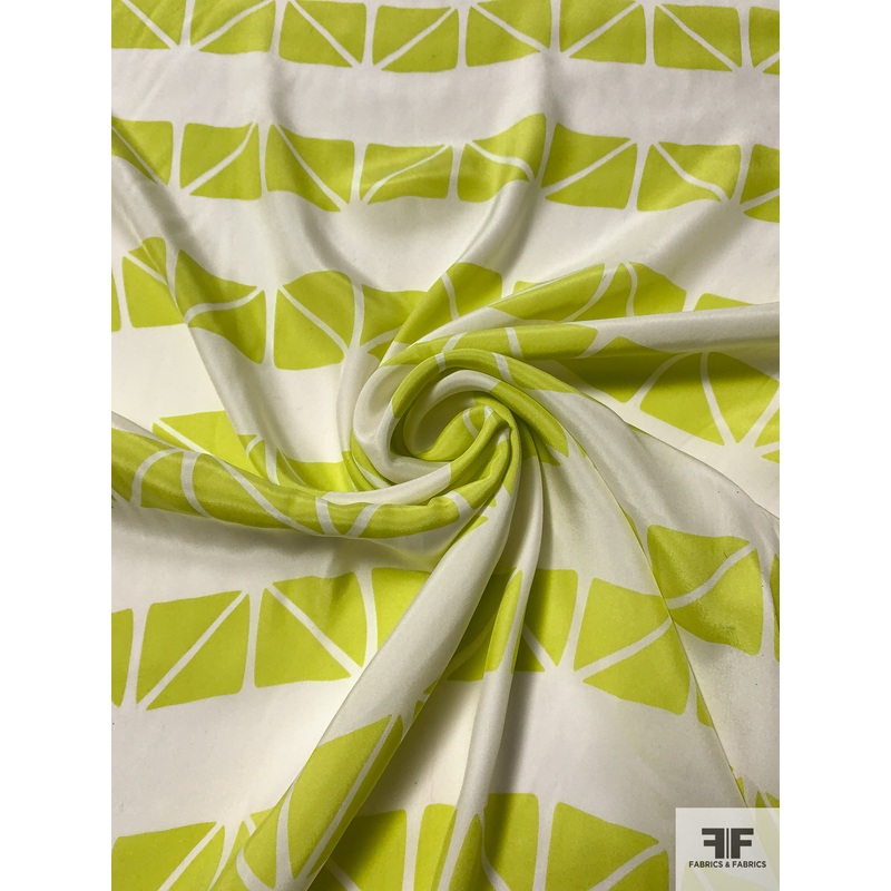 Triangular Squares Matte-Side Printed Silk Charmeuse – Lime / Off-White Fabric by the Yard