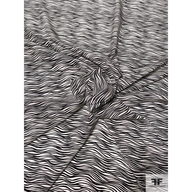Wavy Striations Printed Silk Crepe de Chine – Black / Off-White Fabric by the Yard