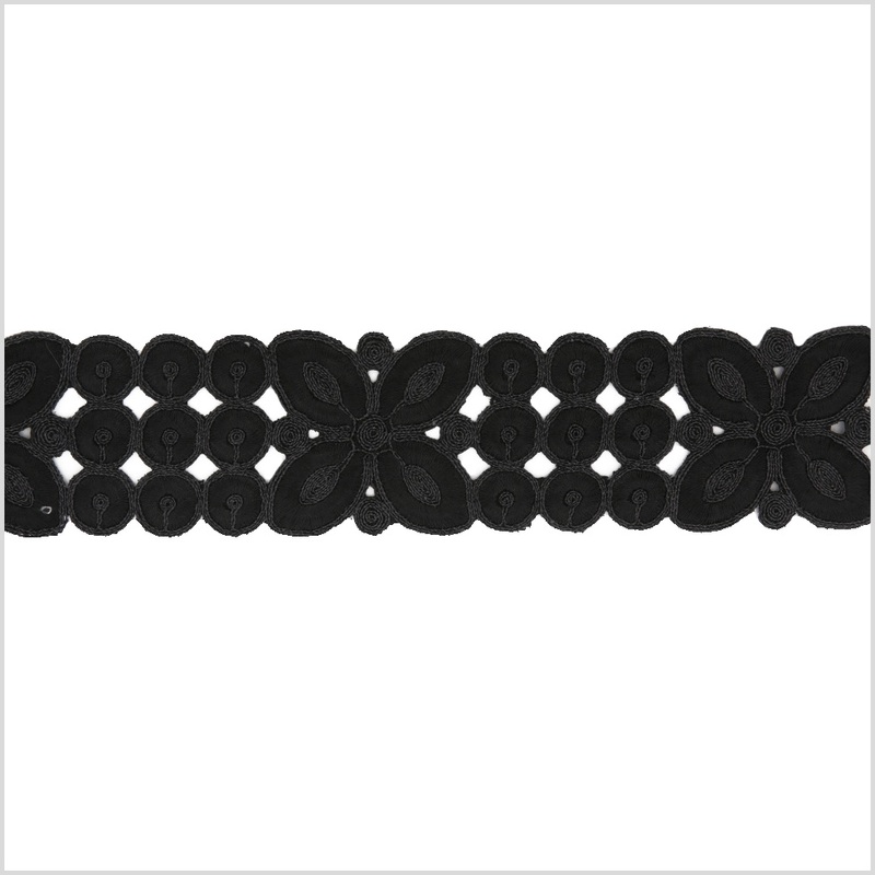 2.5″ Metallic Black Floral Embroidered Trim