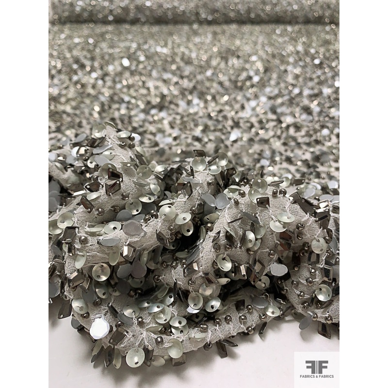 Beads and Sequins on Silk Chiffon – Greys / Off-White Fabric by the Yard