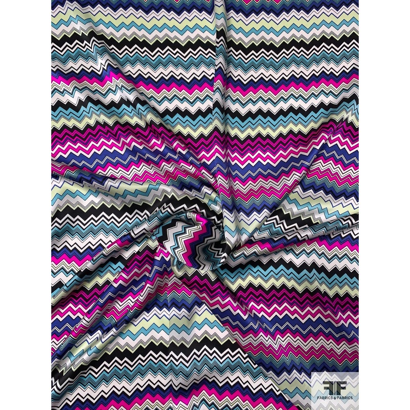 Chevron Printed Silk Charmeuse – Magenta / Purple / Off-White / Light Blue Fabric by the Yard