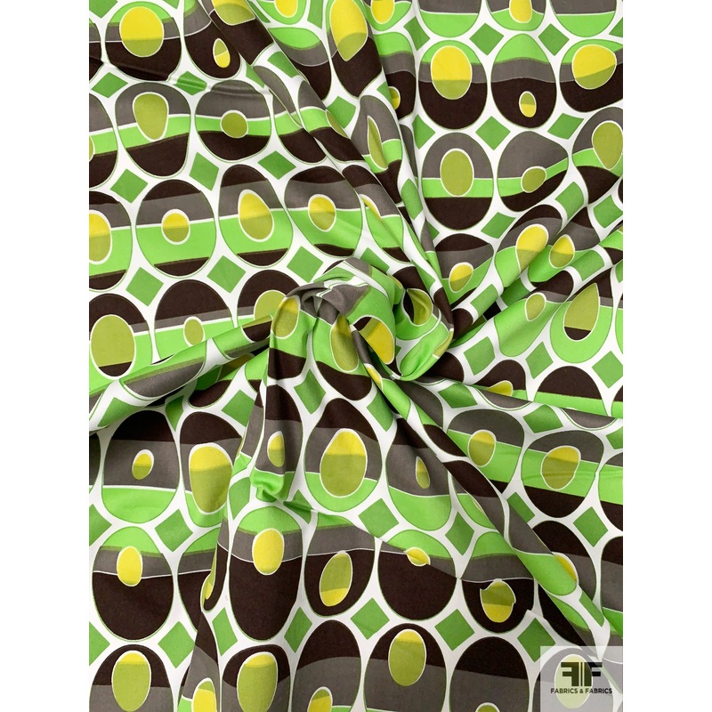 Ethnic Geometric Printed Stretch Cotton Sateen – Brown / Chartreuse / Kiwi Fabric by the Yard