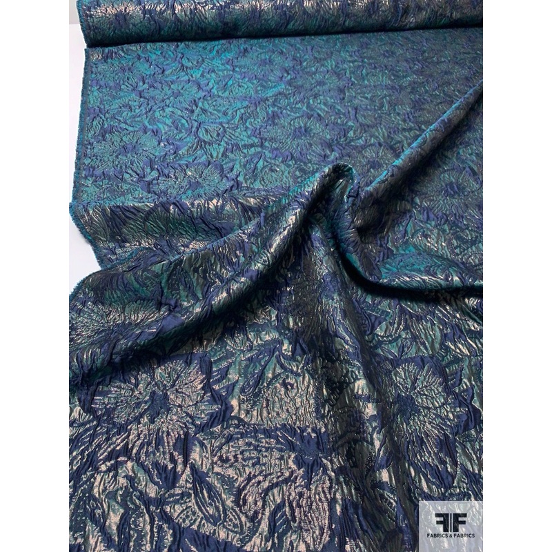 Floral Matelass Textured Metallic Brocade – Navy / Teal / Rose Gold Fabric by the Yard