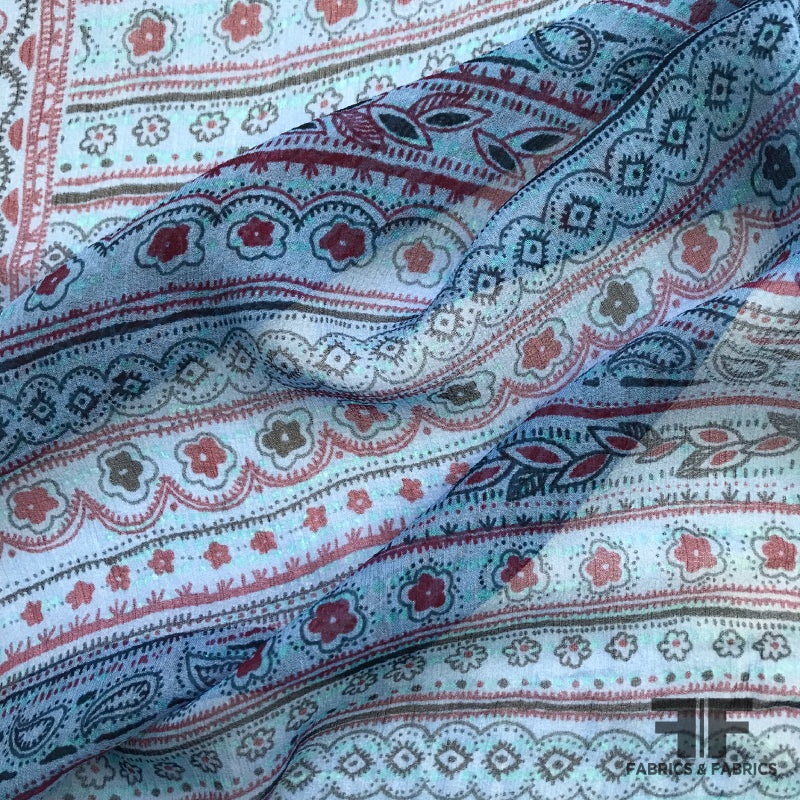 Floral Motif Printed Silk Chiffon – Blue/Red Fabric by the Yard