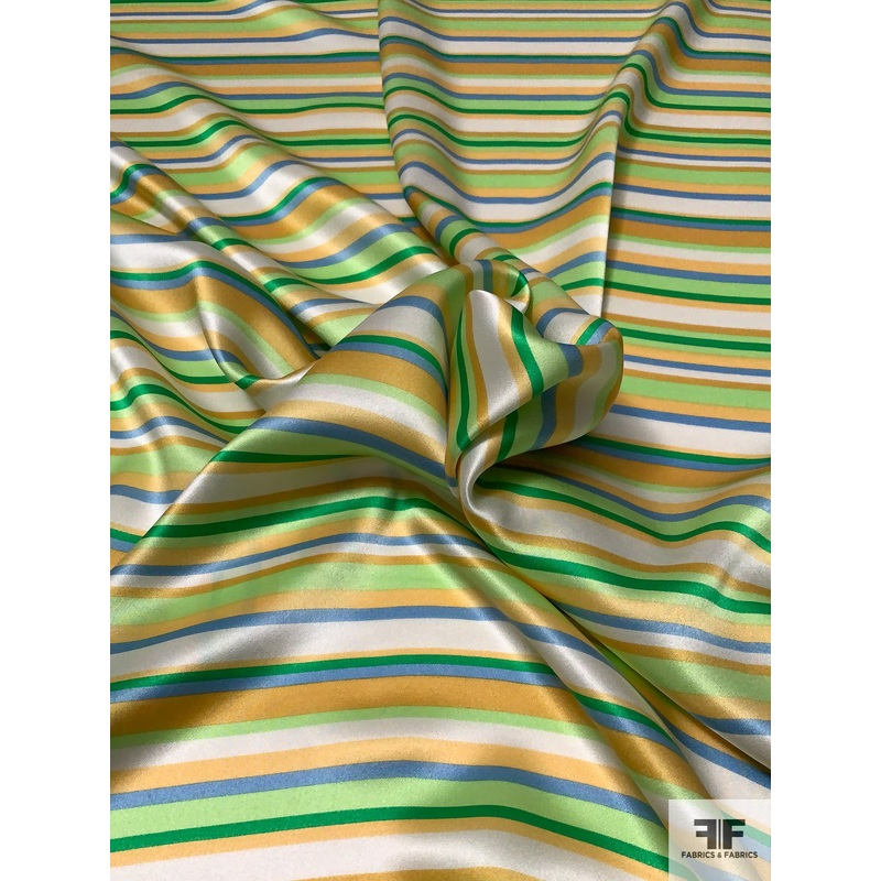 Horizontal Striped Printed Silk Charmeuse – Greens / Yellow / Periwinkle / Off-White Fabric by the Yard